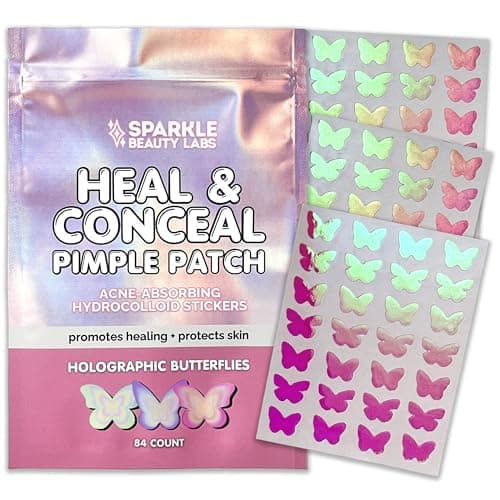 Sparkle Beauty Labs Heal & Conceal Pimple Patch - Cute Holographic Butterfly Shaped Acne Patches, Fun Hydrocolloid Zit Stickers for Face (Iridescent Pink Butterflies, 84 Count) - Image 1
