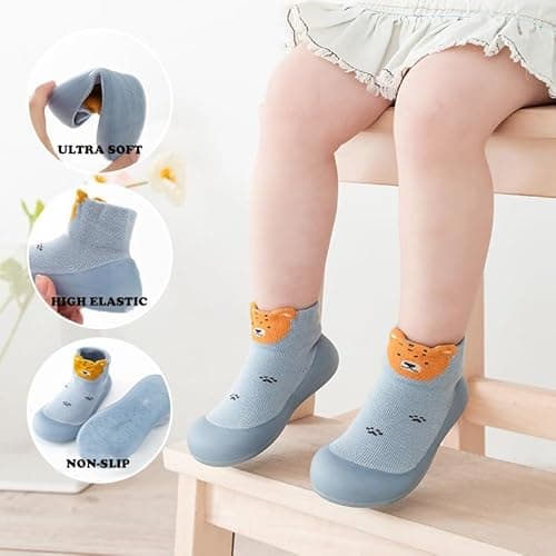 HOVELL 2 Pairs Baby Sock Shoes for Baby Boys Toddler Non Slip Walking Shoes Soft Rubber Sole Infant Floor Slip on Slipper Sneakers (Blue Cartoon,2-3Y) - Thumbnail 5