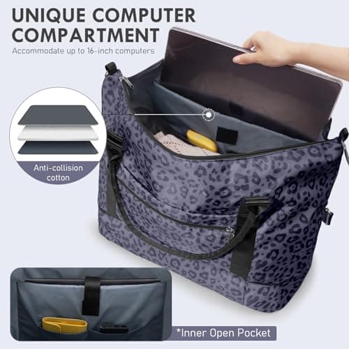 WOOMADA Weekender Overnight Bag for Women, Shoulder Travel Duffel with Shoes Compartment,Gym Bag with Toiletry Bag Large Size(black leopard) - Thumbnail 3