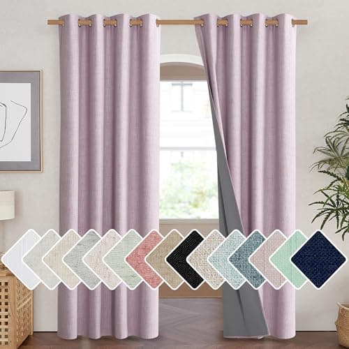 NICETOWN Pink Vintage Linen 100% Blackout Curtains for Living Room, Thermal Insulated Curtains 90" Long, Noise Reducing Window Treatment Drapes for Home Cinema, 52" Wide Per Panel, Set of 2 - Image 1