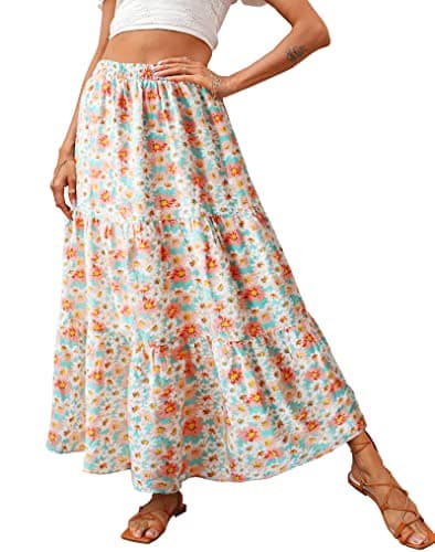 KIRUNDO Women 2026 Spring Summer High Waist Boho Floral Maxi Skirt Trendy Casual Flowy Swing Pleated A Line Beach Long Skirts(Green, Medium) - Image 1