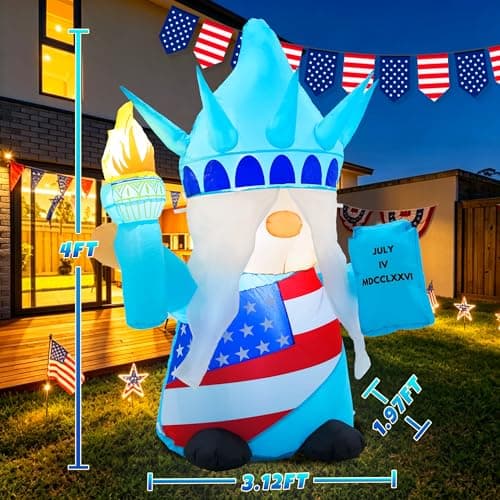 GIFTFIND 4th of July Inflatables Outdoor Decorations, 4FT Patriotic Independence Day Inflatable Liberty Gnome, Built in LED Lights Holiday Blow up for Party Garden Yard Lawn Decor - Thumbnail 4