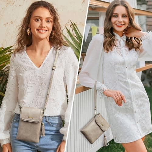 AnsTOP Small Crossbody Bag for Women,Minimalist Designer Vegan Leather Phone Purse with Tassel,Handheld & Adjustable Shoulder Strap for Daily Use Gold - Thumbnail 2