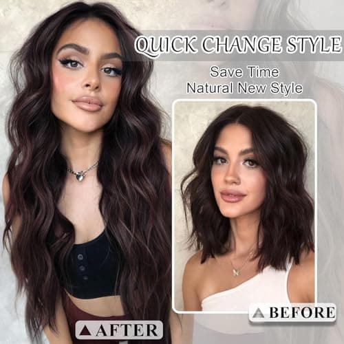 NEOWIG Dark Brown Clip in Hair Extensions 20 Inch Long Wavy Hair Extensions for Women Natural Synthetic Hairpieces 4 Pcs - Thumbnail 4