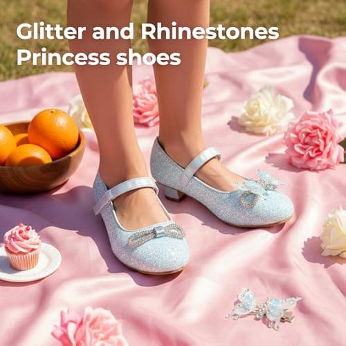PATPAT Girls Dress Shoes Size 4 Big Kid, Baby Blue Glitter Shoes with Butterfly Hair Clips, Sequins Rhinestones Bowknot Princess Low Heels Mary Jane Footwear Heels for Girls Dress Up - Thumbnail 3