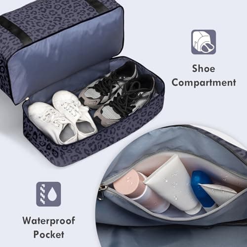 WOOMADA Weekender Overnight Bag for Women, Shoulder Travel Duffel with Shoes Compartment,Gym Bag with Toiletry Bag Large Size(black leopard) - Thumbnail 5