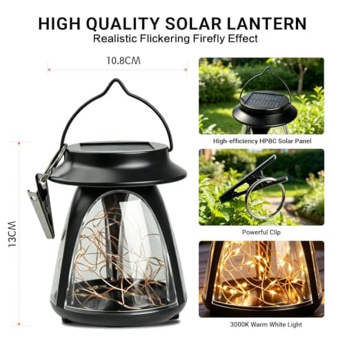 2 Pack Solar Lantern Outdoor Waterproof Hanging Lights with Clip, Flickering Warm Garden Decor, Gifts for Women Mom Solar Lights Outside, Solar Powered Lantern for Patio Yard Porch Pathway Lawn - Thumbnail 4