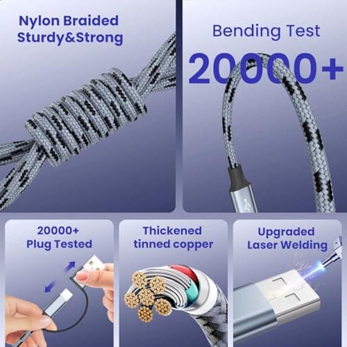 Firsting Travel Essentials 4 in 2 Multi Charging Cable, USB A/C Charging Cords with Dual Type-C/IP/Micro, Universal Phone Charger Cord Compatible with iPhone17-8/iPad/Android/Tablet/Car (2Packs 5FT) - Thumbnail 5