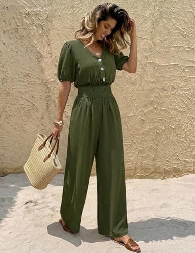 LOOKBOHO Womens Jumpsuits Formal Smocked High Waist Short Sleeves Wide Leg Rompers Dressy V Neck One Piece Army Green XXL - Thumbnail 4