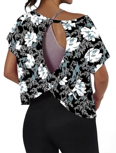 GRECERELLE Women's Open Back Workout Tops Short Sleeve Athletic Yoga Shirts Running Casual Backless Top Loose Fit, Medium - Image 1