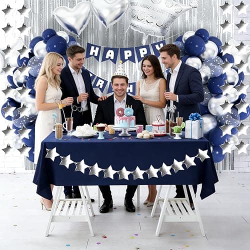 Navy Blue Birthday Party Decorations Set – Blue Theme Supplies with Banner, Star Garland, Crown, Heart & Star Foil Balloons, Fringe Curtain, Cake Topper, Tablecloth, Confetti Balloons for Men & Women - Thumbnail 5