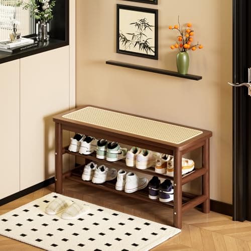 latifolia Shoe Rack Bench, 3-Tier Bamboo Shoe Bench with Breathable Rattan Seat Cushion, Shoe Storage Rack for Entryway(Walnut,39.70''L) - Thumbnail 6