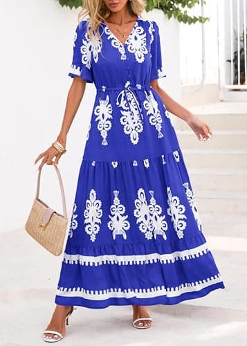 Lazysmile Summer Dresses for Women Short Sleeve V Neck Floral Drawstring Flowy A Line Boho Maxi Dress with Pockets Blue - Thumbnail 3
