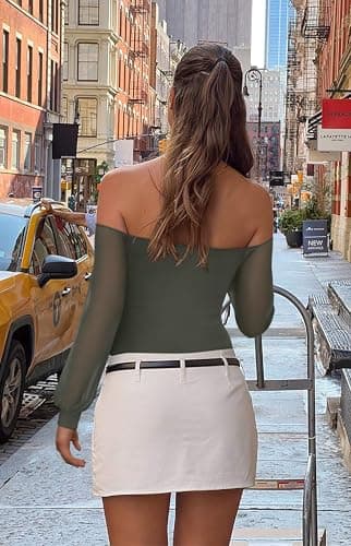 REORIA Womens Going Out Off The Shoulder Sheer Mesh Puff Long Sleeve Thong Bodysuit Tops Grayish Green Medium - Thumbnail 5