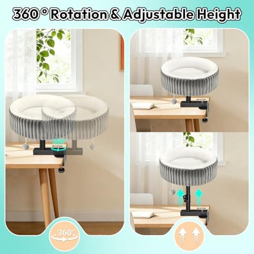 TNELTUEB Cat Desk Bed - 360° Rotating,Clamp On Cat Bed for Desks, Adjustable High Support Up to80 lbs for Office, Game Table, Island Tables, Desktop Attachment Hammock Grey - Thumbnail 5