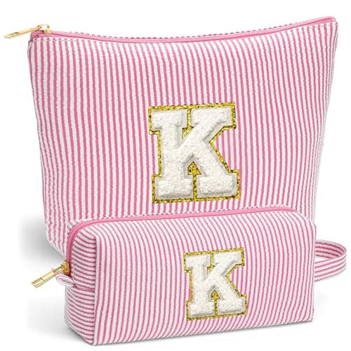 Fohufo Beach Bags for Women Girl - Summer Beach Toiletry Makeup Bag, Travel Gifts for Her, Summer Makeup Pouch for Women Girls Birthday Gifts for Womens Girls - Pink Initial K