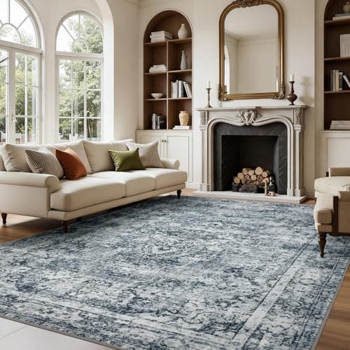 Joydeco 5x7 Area Rugs for Living Room, Machine Washable Vintage Area Rugs, Low Pile Non Slip Carpet, Lightweight Chenille Print Rug for Bedroom, Dining Room, Home Office, Light Grey - Image 1