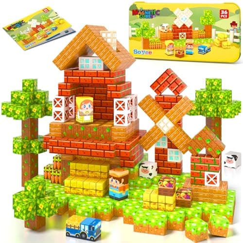 Soyee Magnetic Blocks Travel Toddler Toys Magnet Building Tiles Construction Cubes STEM Sensory Learning Farm Toys with Box Christmas Birthday Gifts for Kids Ages 3 4 5 6 7 8 Year Old Boys Girls - Image 1