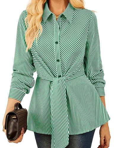 GRACE KARIN Peplum Tops for Women Tie Front Striped Button Down Shirt Collared Long Sleeve Business Casual Work Office Blouse Green - Image 1