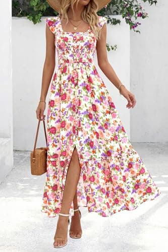 dowerme Womens Summer Maxi Dresses 2026 Casual Ruffle Sleeve Button Smocked Floral Slit Boho Dress Spring Beach Sundress(White Pink Flower,Medium) - Thumbnail 4