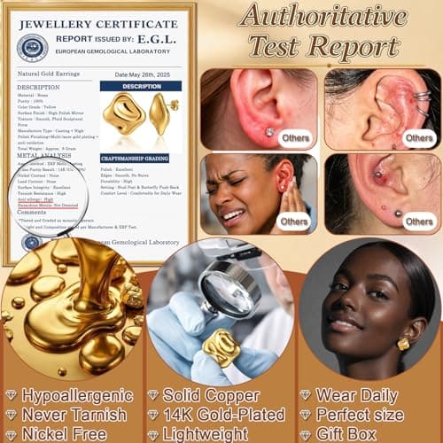 Musment® Gold Earrings for Women, 14K Gold Plated Chunky Stud Earrings, Lightweight Hypoallergenic Statement Earrings for Sensitive Ears, Daily Wear, Trendy Jewelry Gift Box - Thumbnail 3