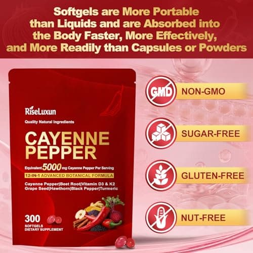 Cayenne Pepper Softgels, with Vitamin D3 K2+E and Extracts of Grape Seed, Hawthorn, Beetroot, Berberine and 12 other extracts, Advanced Vitality & Wellness Formula, For a Healthy Circulatory System - Thumbnail 3