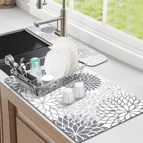 Findosom 2PCS 12" x 20" Dish Drying Mat & 24" x 5.5" Sink Splash Guard, Super Absorbent & Cuttable Dish Mat Drying Kitchen Mat with Gray Floral, Hide Stain Drying Mat for Kitchen Counter - Image 1