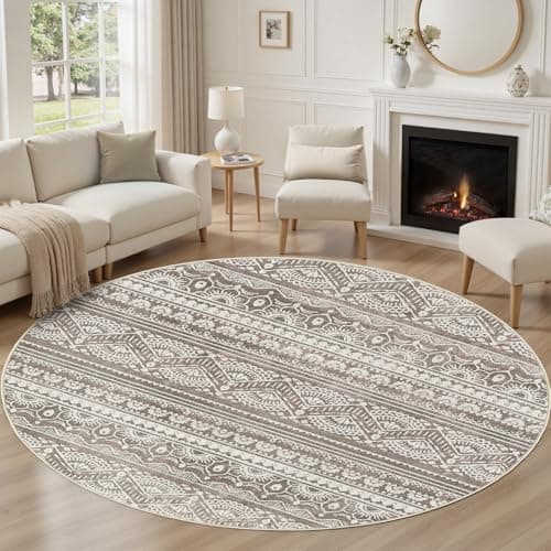 Tortania 4' Round Area Rug Living Room Rugs - Washable Large Soft Neutral Boho Moroccan Bohemian Farmhouse Rug Indoor Floor Carpet for Bedroom Under Dining Table Home Office Decor - Dark Brown - Image 1