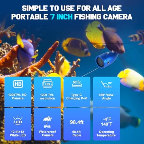 1200TVL HD Underwater Ice Fishing Camera with 7inch Monitor,100ft/30M Cable,10000mAh Fish Finder with 24pcs LED Lights,12pcs Infrared Night Vison,12pcs White Lights,Aluminium Case for Lake,Fish Boat - Thumbnail 2