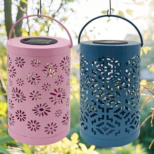 CBAXEAXM 2PCS Solar Lanterns Outdoor Waterproof Hanging Solar Light Metal Tabletop Lantern with Hollowed-Out Design for Garden Yard Patio Porch Table Decor Gifts for Women, Pink+ Dark Blue - Thumbnail 6
