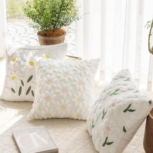 KIDHABE Spring Summer Pillow Covers 18x18 inch Set of 2, White Daisy Floral with Pink Stamen Pillow Cases, Soft Plush Faux Fur Jacquard Throw Pillows for Sofa Couch Holiday Spring Home Decor - Thumbnail 3