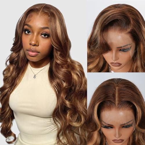 13x4 Full Frontal Lace Wig 4/27 Honey Blonde Ombre Lace Front Wigs Human Hair Skinlike HD Lace 0.10mm Ultra-thin Invisible Highlight Body Wave Lace Front Wig 24 Inch Pre plucked Baby Hair 200% density - Image 1