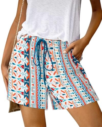 BTFBM Womens Boho Spring Shorts 2026 Beach Vacation Clothes Elastic Waist Casual Printed Loose Short Lounge Pant Pockets(Print Blue, X-Large) - Image 1