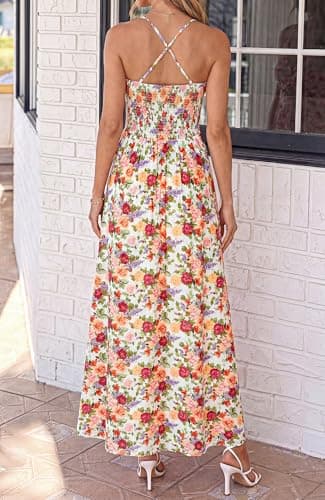 BTFBM Summer Dresses for Women 2026 Spring Floral Spaghetti Strap Smocked Cutout Maxi Dress Resort Beach Vacation Outfit(Floral White Multi, Small) - Thumbnail 3