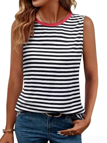 GKBK Womens Striped Tank Tops Loose Fit High Neck Sleeveless Tops 2024 Crewneck Casual Tank Shirts Cute Tunic Summer T-Shirts Black/Red XL - Image 1