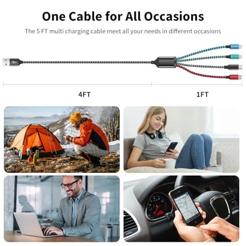 Firsting Multi Charging Cable,4 in 1 Charging Cables for Multiple Devices Nylon Braided Universal Charger Phone Charger Cord with 2 IP/USB-C/Micro USB Port for Cellphone/Tablets/More(2Pack 5FT) - Thumbnail 6