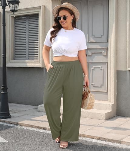 Lastshe Plus Size Wide Leg Pants for Women High Waisted Pull On Stretchy Knit Trousers Comfy Lounge Slacks,Military Green,2X - Thumbnail 3
