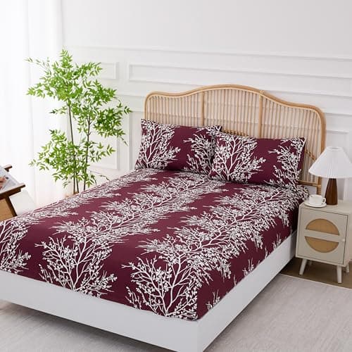 Spirit Linen home Queen Size Bed Sheets - Pure Microfiber 4 Piece Polyester Bed Sheets, Fitted Sheet & Pillow Cases - Queen Sheets for All Seasons (Foliage Burgundy/White, Queen) - Image 1