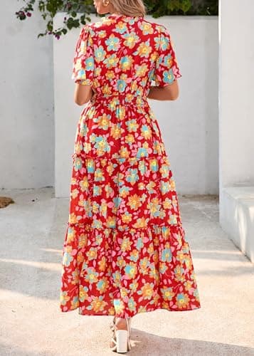 KIRUNDO Spring Summer Wedding Guest Dresses for Women 2026 Boho Floral Short Sleeve V Neck Ruffle Tiered Flowy Maxi Dress(Wine Red, Medium) - Thumbnail 2
