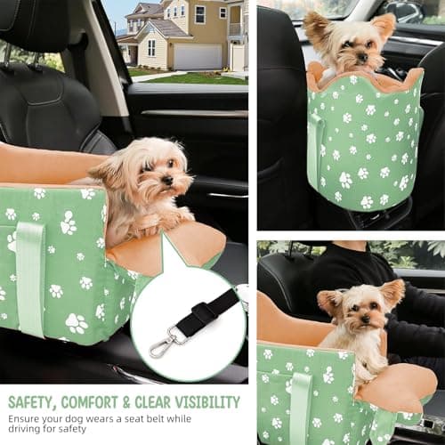 Cullaby Dog Center Console Car Seat for Small Dogs Under 15lbs,Detachable Washable Booster Pet Car Seat Travel Bed with Storage Pockets and Seat Belt(Green) - Thumbnail 3