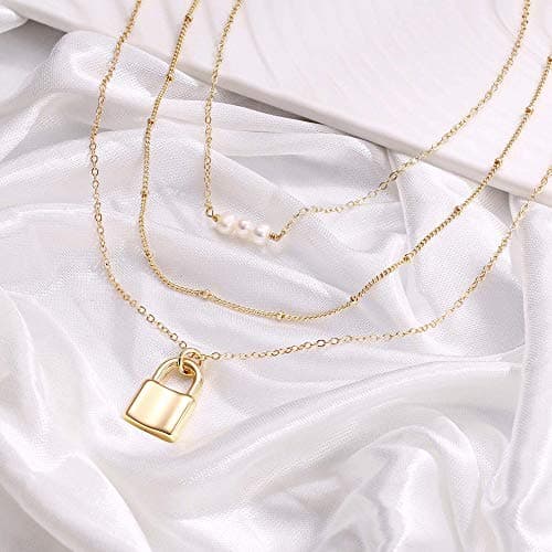 Layered Lock Necklace for Women, Layered Simulated Pearls Lock Necklace for Women Layering Chain Necklaces - Thumbnail 6