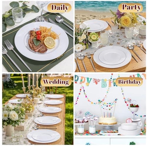 FLOWERCAT 100PCS White Plastic Plates - Heavy Duty Plastic Plates Disposable-Straw hat plates for Christmas party &Wedding/New Year - Serve for 50guests party(10inch & 7inch)(White) - Thumbnail 4