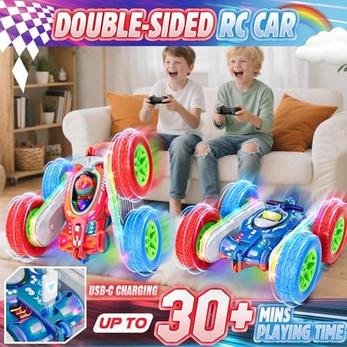 Terucle Remote Control Car, Kids Toys with Shiny Electroplated Finish, RC Cars Stunt Toy with LED Lights, 2.4GHz Double-Sided 360° Flips, USB-C Fast Charging, Perfect Birthday Xmas Gift Boys - Thumbnail 2