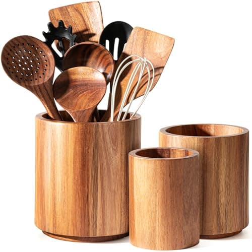 Criusia Utensil Holder 3 Pack, 360° Rotating Acacia Wood Cooking Utensil Crocks for Kitchen Counter, Farmhouse & Modern Decor, (1 Large, 1Medium, 1 Small) - Image 1