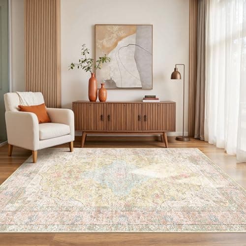 OHWPEAT 4x6 Area Rugs for Living Room, Bedroom, Small Washable Orange Rugs, Entryway Non Slip Rug, Neutral Floral Vintage Boho Soft Indoor Carpet for Nursery, Bathroom, Office - Image 1