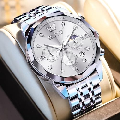 OLEVS Silver Watches for Men Stainless Steel Luxury Mens Silver Watch with Date Large Face Chronograph Dress Waterproof Nice Moon Phase Relojes para Hombres - Thumbnail 2