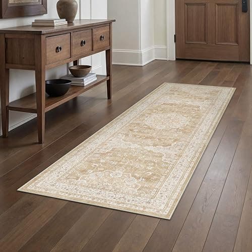HUGEAR Hallway Runner Rugs 2x6 Machine Washable Vintage Beige Brown Throw Carpet Non Slip Stain Resistant Low Pile for Bedroom Kitchen Retro Aesthetic Modern Decor - Image 1