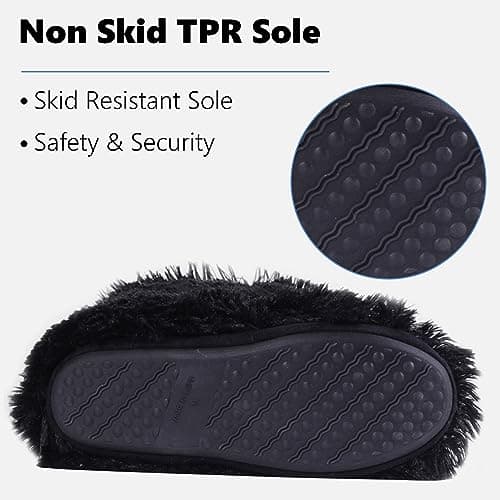 Forfoot Womens Slippers, Warm Plush Black Home Slippers Boots Anti Skid Durable Sole Slip on Indoor and Outdoor House Shoes Size 9-10 - Thumbnail 5