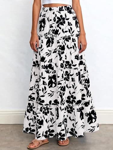 BTFBM Floral Maxi Skirts for Women Summer Spring 2026 Elastic Waist Tiered Flowy Beach Vacation Boho Midi Long Skirt(Floral White Black, Small) - Thumbnail 5