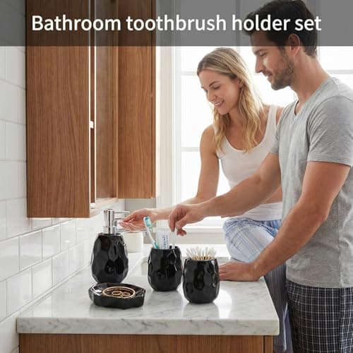 Ceramic Bathroom Accessories Set 4 PCS,Bathroom Toothbrush Holder Set,Soap and Toothbrush Holder Set,Include Toothbrush Holder,Soap Dispenser,Soap Dish,Tumbler,Bathroom Sets Decor Organizer (Black) - Thumbnail 5